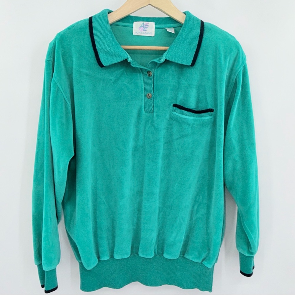 Vintage 80's Active Elements Sweater Velour Polo Shoulder Pads Green‎ Size Med
